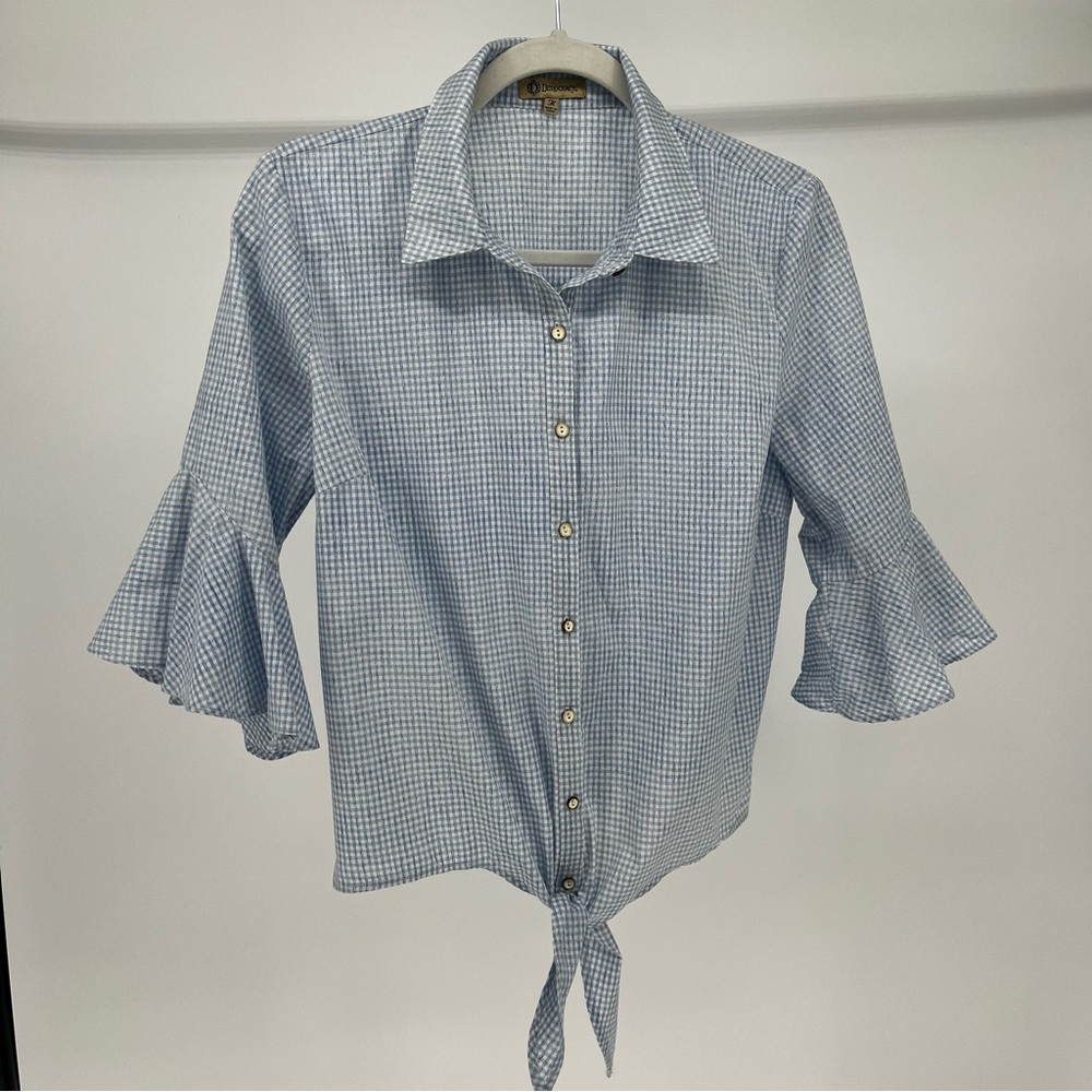 Democracy Women’s Blue Gingham Ruffle Sleeve Tie-Front Blouse Size Medium